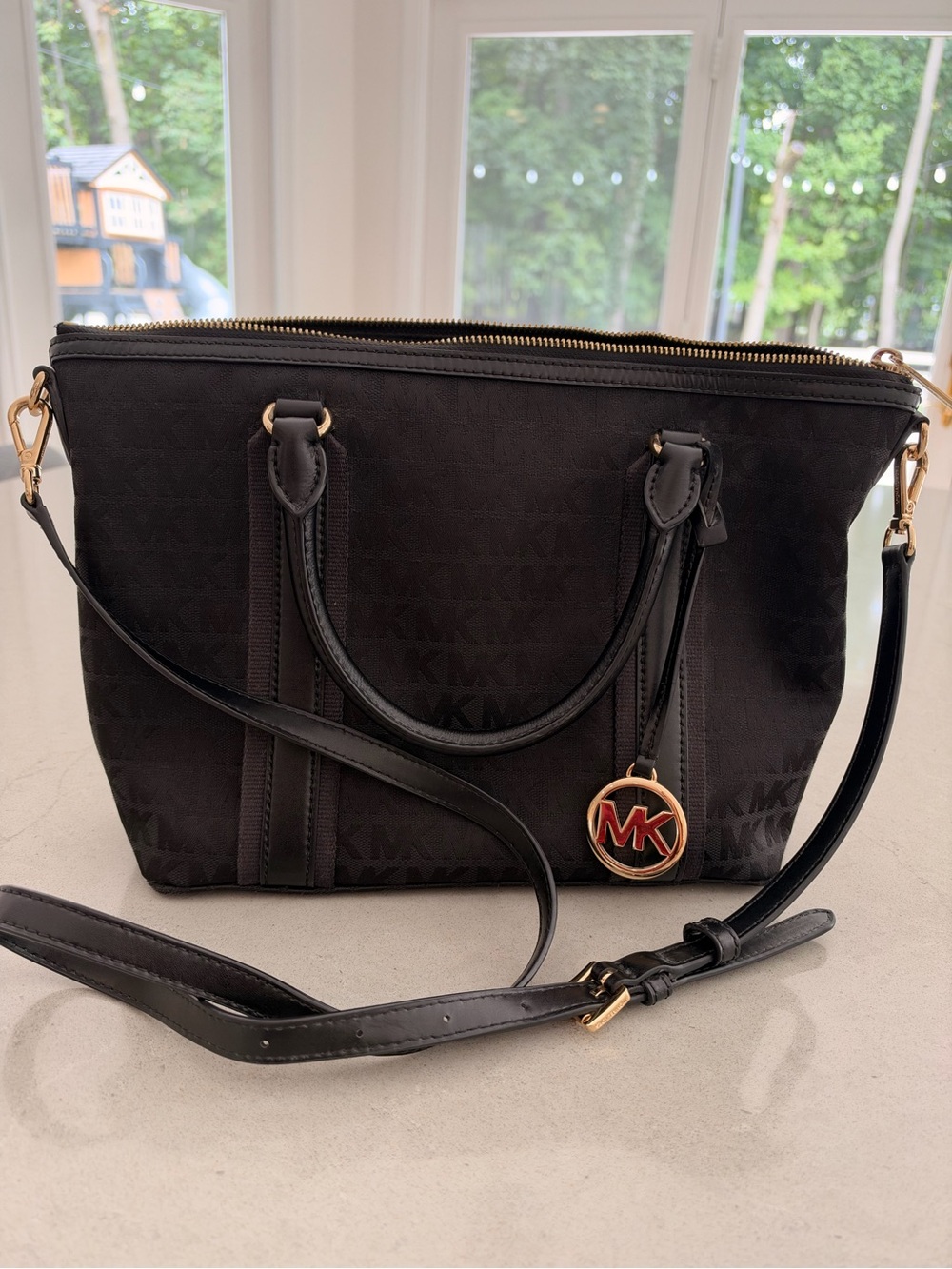 Michael Kors Black MK Signature Satchel with Gold-Tone Charm